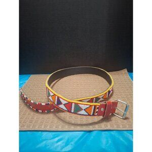 Handcrafted Beaded Leather Belt With Geometric Tribal Pattern In Vibrant Colors